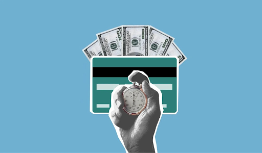 A hand holding a stopwatch in front of a credit card and dollar bills, symbolizing the concept of time running out on credit card debt.
