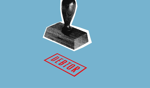 Rubber stamp with the word "Debtor" stamped in red on a blue background.