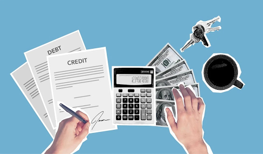 Illustration of debt and credit documents, a calculator, cash, and keys, symbolizing financial assessment for debt consolidation and credit management.