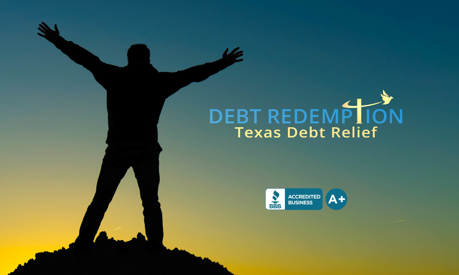 Debt Redemption Texas Debt Relief logo with a silhouette of a person standing with arms raised, BBB accredited business A+ rating
